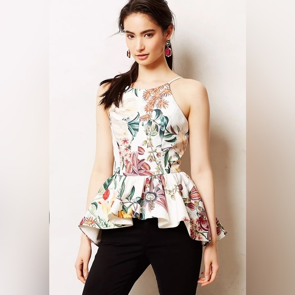 CAMEO by ANTHROPOLOGIE Dahlia Peplum Top in Neutral Motif - Picture 1 of 9